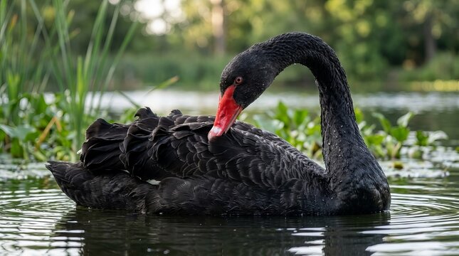 Graceful black swans swimming peacefully in a lush green pond.