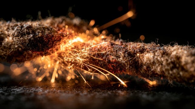 Close up macro of burning fuse with sparks