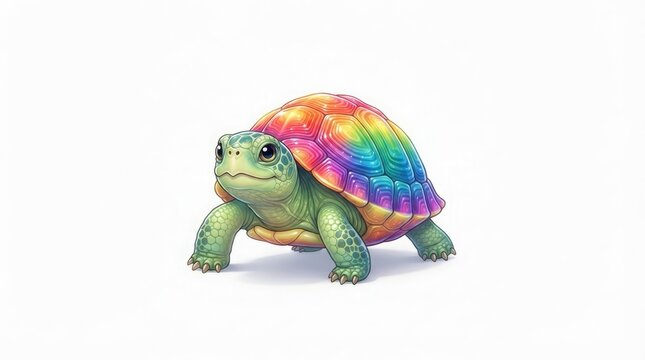 Vector illustration of an artistic rainbow colored turtle with a vibrant patterned shell walking on a clean white background for creative design