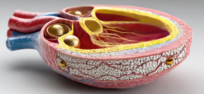 Detailed anatomical model of a heart cross-section, highlighting internal chambers and structures