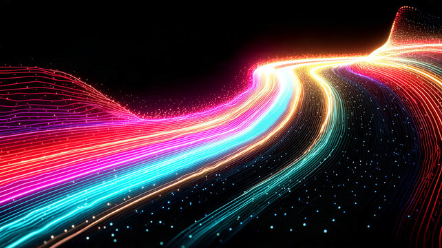 Flowing luminous lines create an abstract digital landscape representing high speed data movement and network connectivity.
