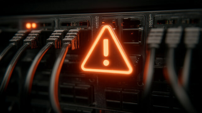 A warning symbol displayed on network equipment represents connection failure and infrastructure security risk.
