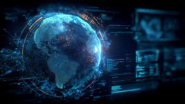 A digital globe surrounded by data interfaces represents global information analysis and worldwide network connectivity.
