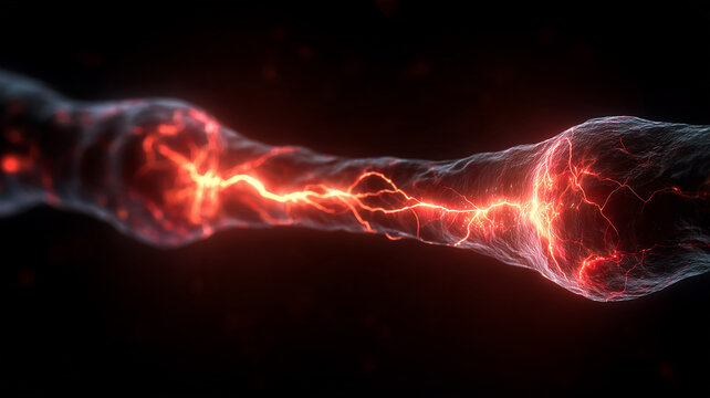 A nerve fiber carrying a glowing electrical impulse represents neural communication and activity within the nervous system.
