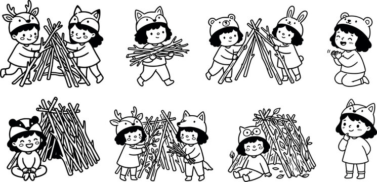 Cute black and white line art illustrations of children in animal hats building and playing with stick teepees and shelters, outdoor activity concept