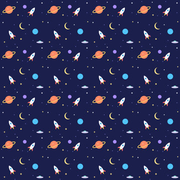 Seamless kids space rockets pattern, stars and planets