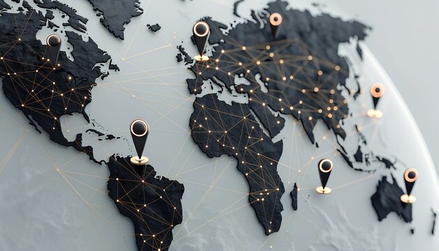 Global Network Concept &ndash; Glowing Location Pins on 3D World Map with Connected Nodes