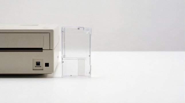 Evolution of computer storage showing a tiny transparent solid-state drive next to a bulky vintage 1980s floppy disk drive on a white desk