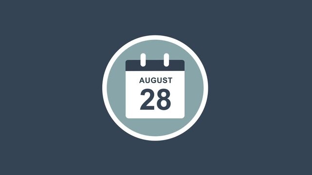 Minimalist flat calendar displaying august 28th date with smooth animated motion for business scheduling, project planning, event reminders, and digital time management