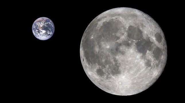 Moon and Earth planet floating in deep outer space against black