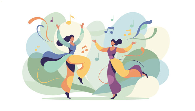 Two graceful women dancing together in flowing colorful dresses surrounded by music notes and abstract shapes.