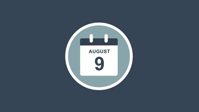 Minimalist flat calendar animation featuring the date august 9th isolated on a dark blue background, scheduling, time management, business planning, and digital ui projects