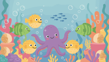 Obraz premium Cute cartoon underwater scene showing a purple octopus surrounded by yellow pufferfish, green fish, and colorful coral reefs.