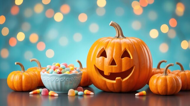 Carved jack o lantern pumpkin with a bowl of colorful jelly bean candies on a dark surface against a blurred teal background with glowing bokeh lights