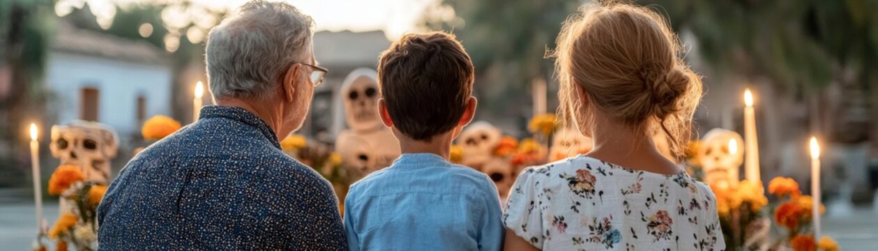 Family observing a vibrant Day of the Dead altar