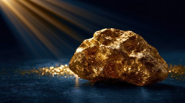 Shiny gold nugget with light rays and glitter