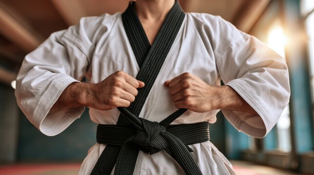 A focused martial artist tying a black belt in a close-up shot, highlighting discipline, skill, and determination in martial arts practice and training.