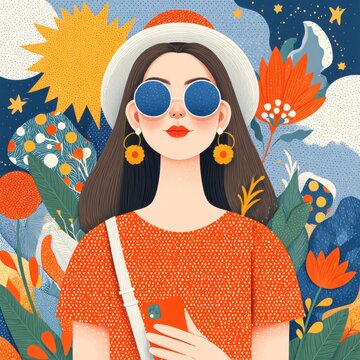 Young woman using smartphone in vibrant urban environment flat illustration style