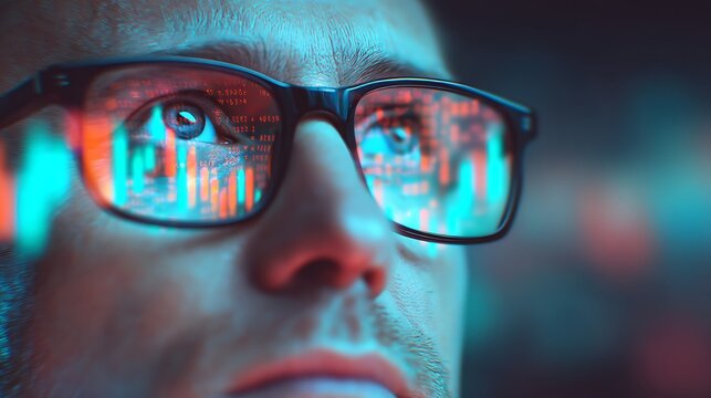 A close-up of a person wearing glasses reflecting digital data and graphs, symbolizing technology and data analysis.