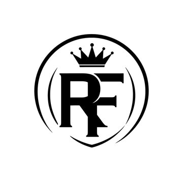 Monogram Logo RF with Crown and Circle. A bold monochrome monogram logo featuring the interwoven letters R and F, topped with a regal crown and framed inside a sleek circular border.