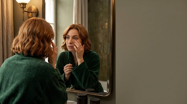 Young woman in a green bathrobe looking in the mirror while touching her face during a morning skincare routine