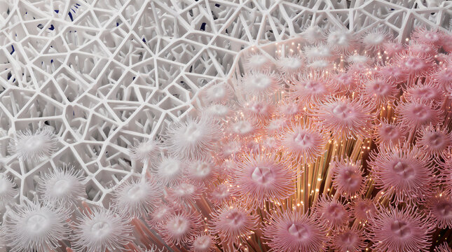 Transitioning coral bleaching recovery showing white geometric skeleton and returning pink fiber optic polyps in vibrant display