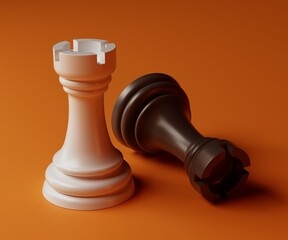 White Rook and Fallen Dark Rook Chess Pieces on Orange Background 3D Render © Muhammad Usama