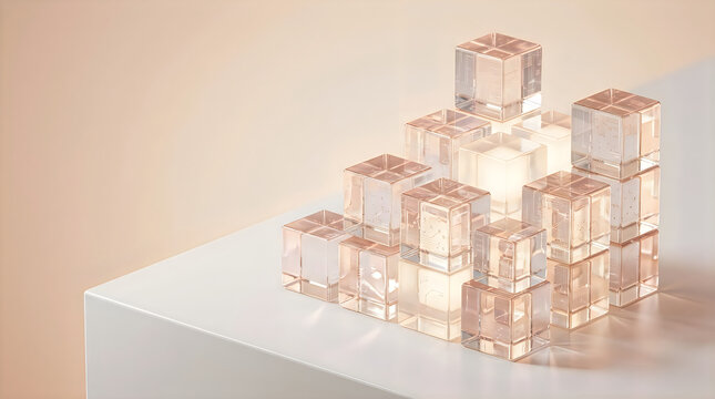 Stacked transparent cubes forming a geometric pyramid on a white surface