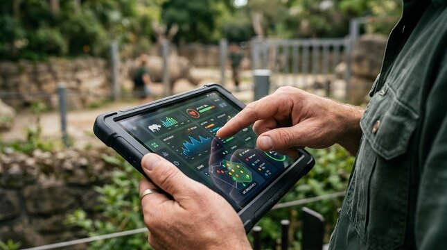 Professional zoologist monitoring animal health metrics on digital tablet device outdoors