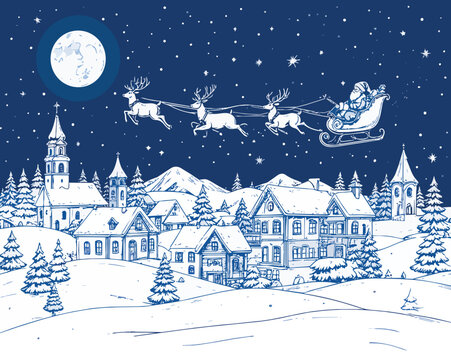 Santa claus flying reindeer sleigh over snowy village