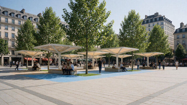 Urban heat mitigation concept with shade structures