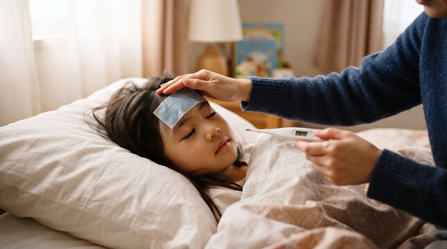 Sick little girl with fever cooling patch lying in bed
