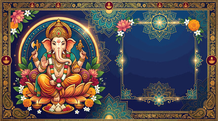 Fototapeta premium Lord Ganesha illustration with floral frame and empty space for text on blue background.