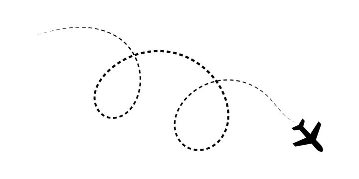 Flight path dotted curve line route start point to destination concept of travel, foreign tour, navigation, plane route map. Black aircraft travel route with dashed line path. Vector illustration.
