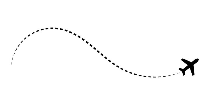 Flight path dotted curve line route start point to destination concept of travel, foreign tour, navigation, plane route map. Black aircraft travel route with dashed line path. Vector illustration.