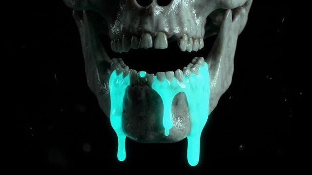 Cinematic 4K Spooky Human Skull with Glowing Blue Slime Dripping from Mouth on Dark Black Background for Horror Halloween Concept