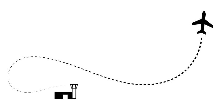 Flight path dotted curve line route start point to destination concept of travel, foreign tour, navigation, plane route map. Black aircraft travel route with dashed line path. Vector illustration.