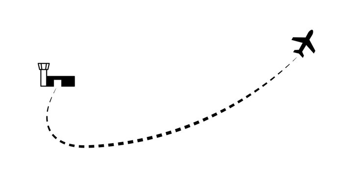Flight path dotted curve line route start point to destination concept of travel, foreign tour, navigation, plane route map. Black aircraft travel route with dashed line path. Vector illustration.