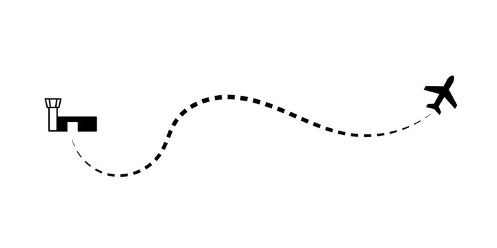Flight path dotted curve line route start point to destination concept of travel, foreign tour, navigation, plane route map. Black aircraft travel route with dashed line path. Vector illustration.
