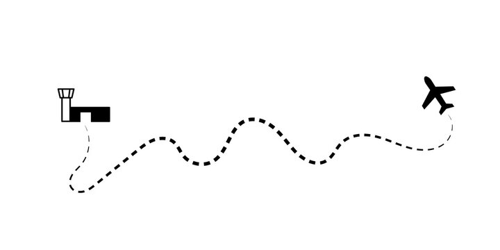 Flight path dotted curve line route start point to destination concept of travel, foreign tour, navigation, plane route map. Black aircraft travel route with dashed line path. Vector illustration.