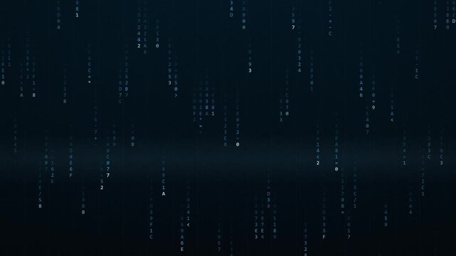 Digital binary code rain on dark background, futuristic matrix data stream abstract motion background, glowing cyber tech network particle backdrop