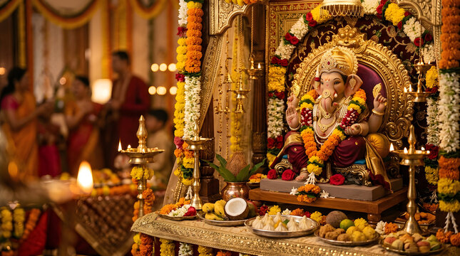 Traditional Hindu shrine with Lord Ganesha idol decorated for the Ganesh Chaturthi festival celebration.