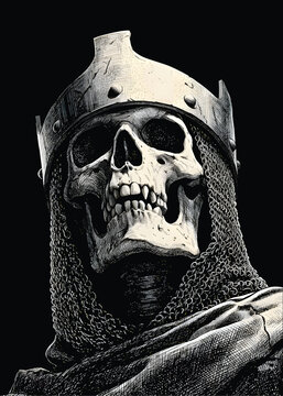 Vector EPS vintage hand drawn engraving illustration of a medieval skeleton king wearing a royal metal crown and chainmail coif armor isolated on dark background
