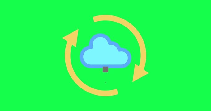 Seamless loop 2D animation of a minimalist outline cloud icon with rotating sync arrows and pop-up data dots, representing data transfer, backup, and cloud computing.