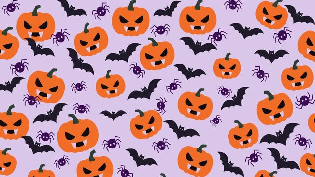 Seamless looping Halloween pattern video featuring vampire pumpkins, black bats, and spiders flat style lavender background. Suitable for seasonal video backgrounds, social media, presentations.