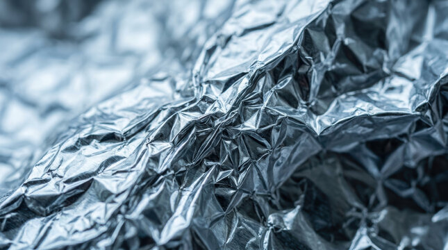 Crinkled metallic foil creates festive background with shiny texture and reflective surface adding depth and interest to abstract composition
