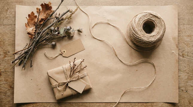 Natural rustic festive background with wrapped gift, dried leaves, twine and blank tag on wooden table for creative decoration