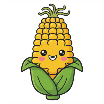 A cute cartoon corn cob character with a happy smiling face and blushing cheeks isolated on a white background for children and food design projects