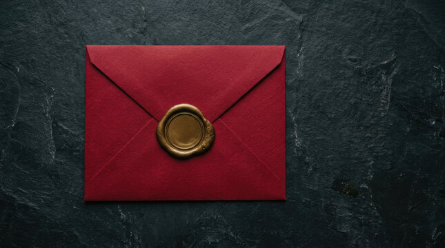 Red envelope with gold wax seal on dark textured surface festive background for invitation or greeting card with elegant style