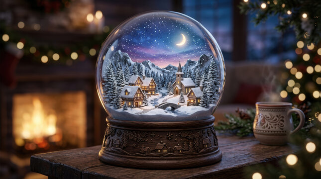 Festive snow globe with winter village scene under starry night sky creates warm holiday background full of cozy charm and magic